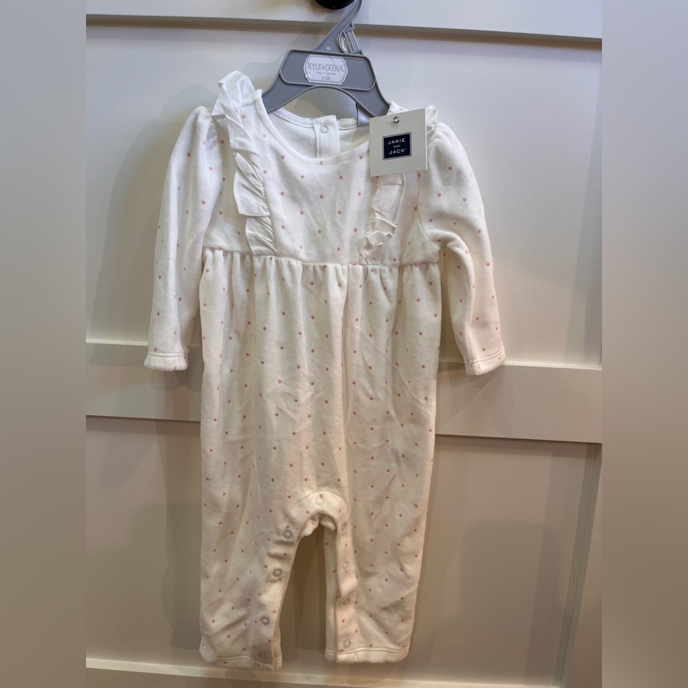 Janie and Jack velour one piece with white with pink dots.